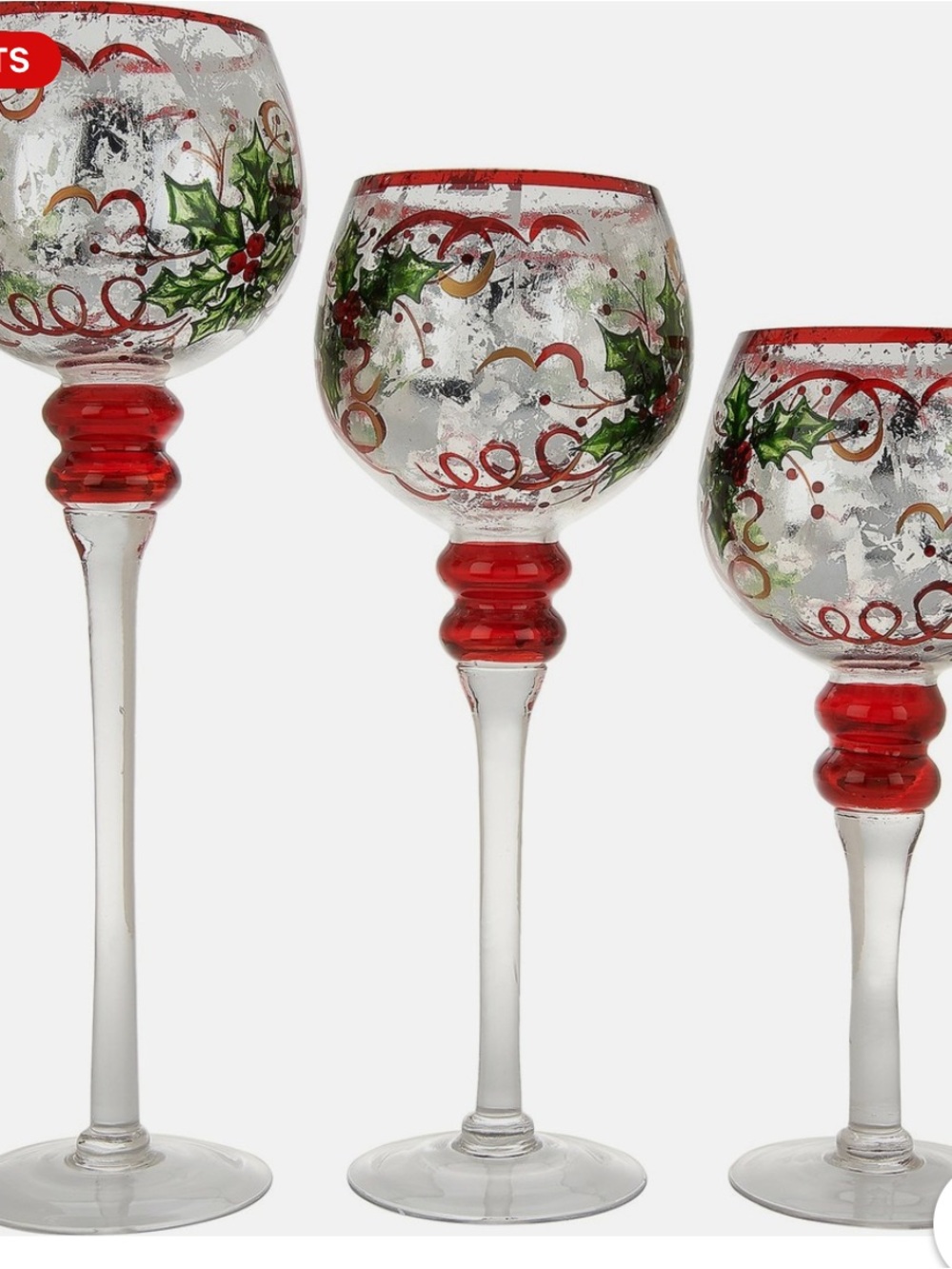 Hand-Painted Holiday Stemmed Candleholder Glasses with Holly Motif (Set of 3) - Picture 8 of 8